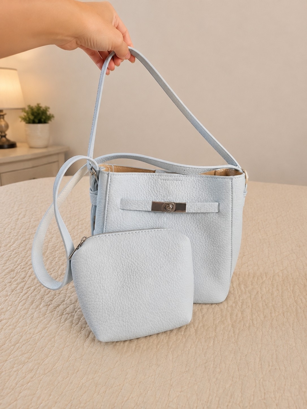 Classic Light Blue Women's Shoulder Bag with Pouch